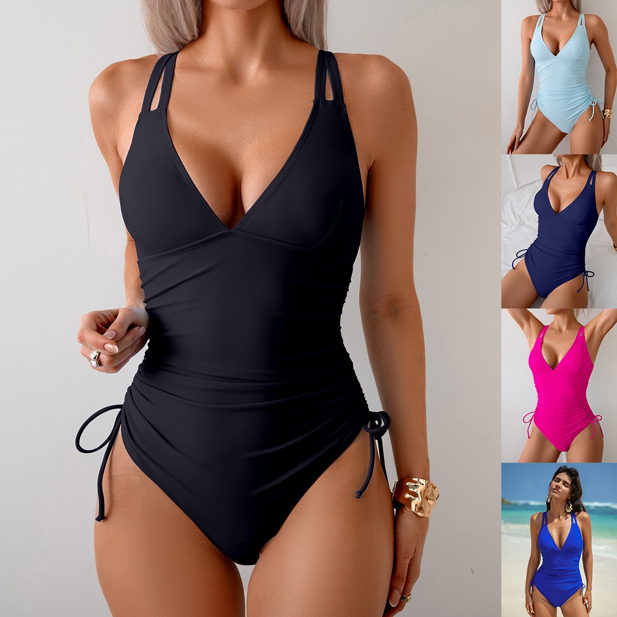 Solid Black Swimsuit V Neck Ru - огляд і ціна Womens Suit